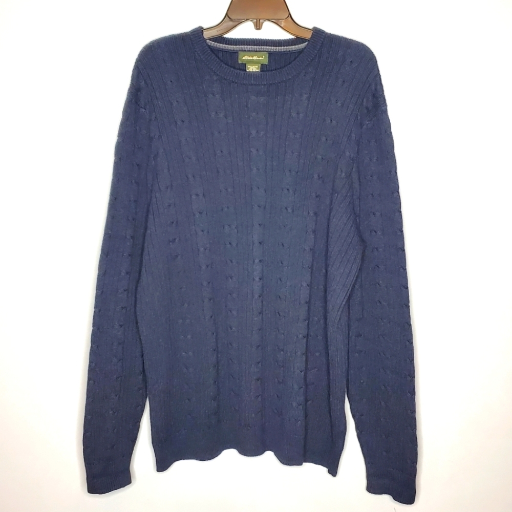 Vintage eddie bauer navy blue‎ cable knit crewneck sweater XL TALL 100% cotton